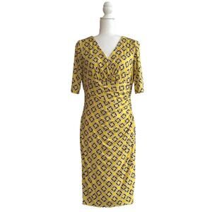 Lauren Ralph Lauren Dress Yellow Black Box Chain Print Half Sleeve Faux Wrap 8